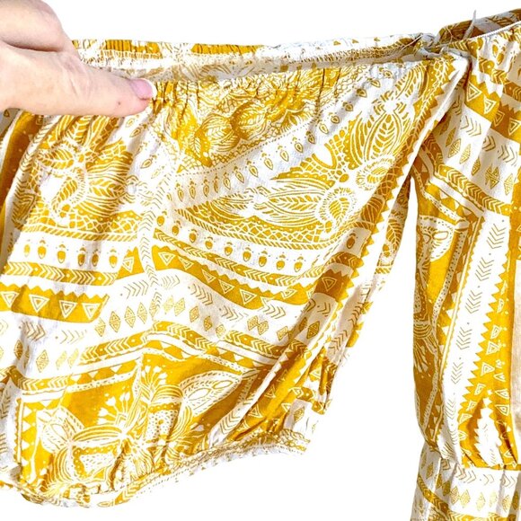 PrettyLittleThing Off Shoulder Yellow Paisley Tile Print Bardot Maxi Dress US XL - Picture 6 of 12